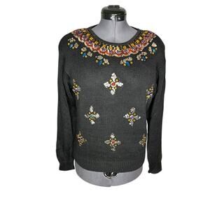 sweater 1980s beaded statement sequins shoulder pads black gold green